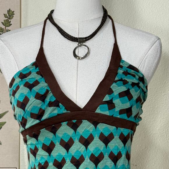 Vintage 90s Y2k Green Brown Halter Top Boho Gyaru Coastal Cowgirl Trashy Bimbo M - Picture 2 of 6